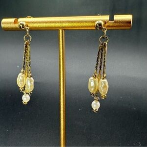 Gold and Natural Pearl Dangle Earrings